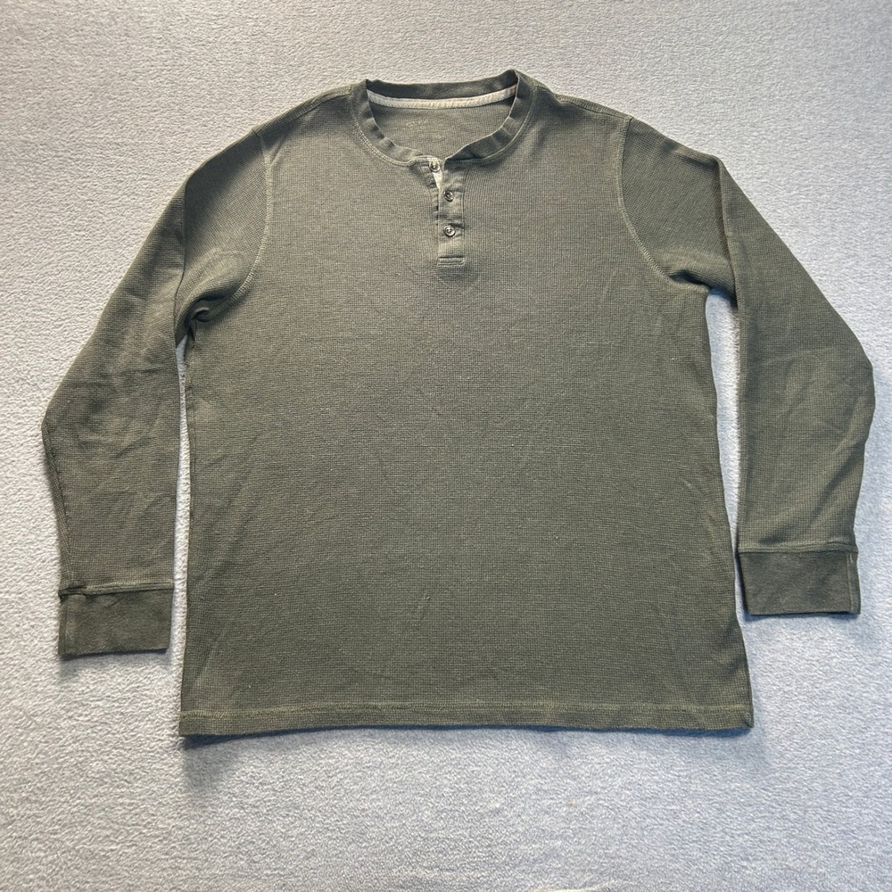 Waffle Knit Henley Thermal Shirt Mens Large Olive Green Long Sleeve Casual